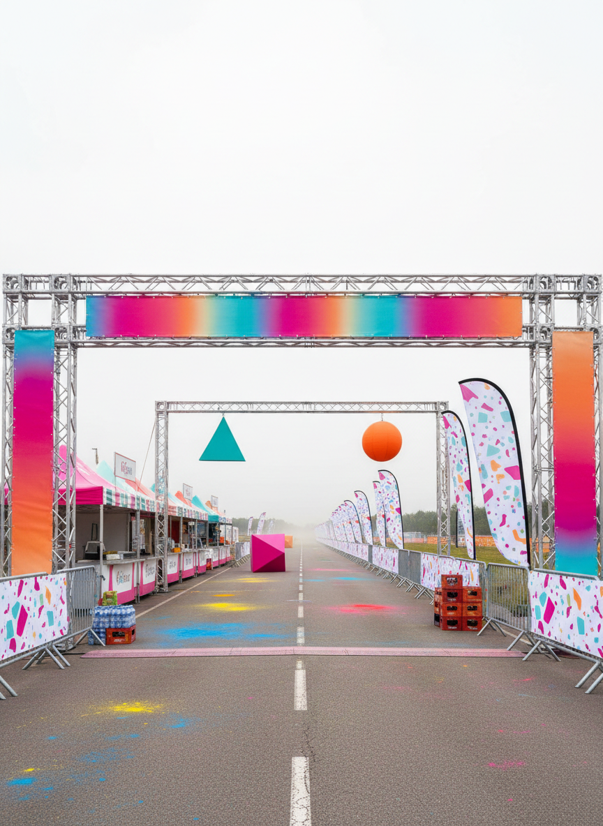Wide-angle photographic view of a start/finish zone for the Beauvais Color Run, featuring a massive, sleek truss structure supporting bold, abstract color panels in gradients of pink, teal, and orange. The road beneath is lightly coated in multicolored powder, with barriers wrapped in patterned fabric and playful, oversized geometric shapes acting as wayfinding markers. To one side, an organized row of food and refreshment stands with colorful awnings anchors the scene. Captured under bright but slightly diffused daylight for strong, clean colors, the composition is symmetrical and powerful, conveying a highly professional, large-scale, festive sports event without any participants present.