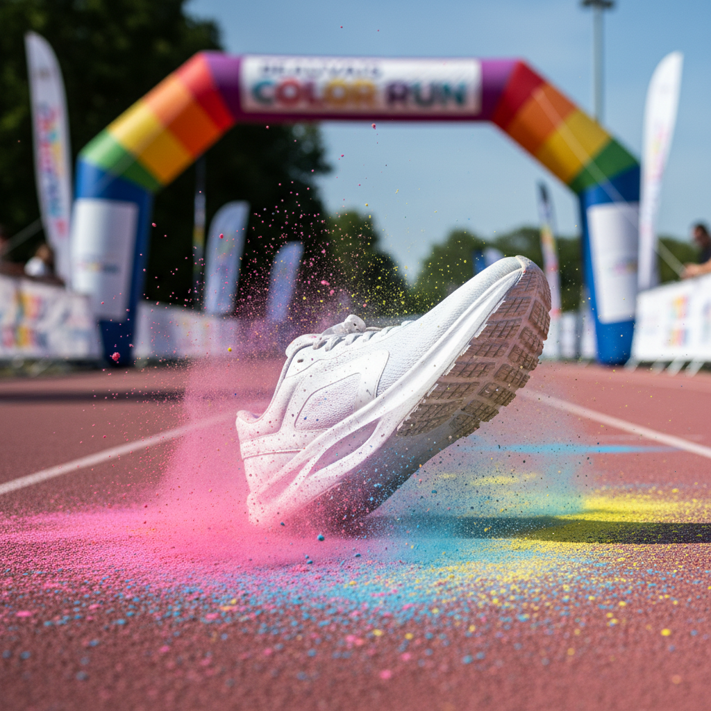 A dramatic photographic close-up of a clean white running shoe landing on a track dusted with vibrant color powder, sending a small explosion of pink, blue, and yellow particles outward. The texture of the powder contrasts with the smooth, modern design of the shoe and the slightly rough surface of the ground. The background shows an out-of-focus inflatable arch and colorful banners, suggesting the Beauvais Color Run without any visible people. Strong directional lighting from the side creates dynamic shadows and highlights each particle, while a shallow depth of field keeps the focus on the moment of impact. The mood is bold, energetic, and motivating.