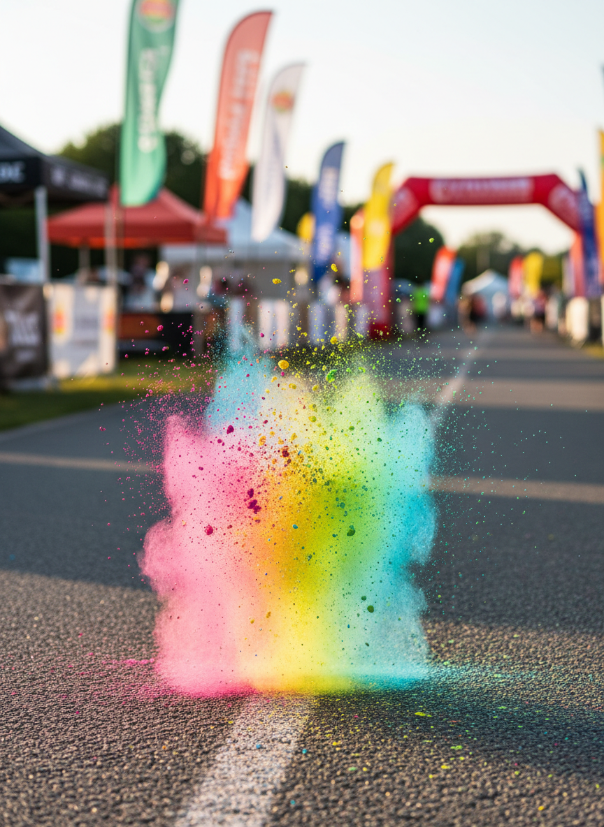 Close-up photographic realism of a thick cloud of colored powder—fuchsia, electric blue, sunny yellow, and neon green—suspended in mid-air over an asphalt running path, captured in high-speed detail. Each particle is sharply defined against a softly blurred background of flags, inflatable structures, and food stands, hinting at a festive village without human presence. Strong side lighting from late afternoon sun creates glowing edges on the powder cloud and subtle shadows on the ground. Shot at eye level with shallow depth of field, the image feels bold, explosive, and energetic, perfectly expressing the spirit of a modern, professional color run event in Beauvais.