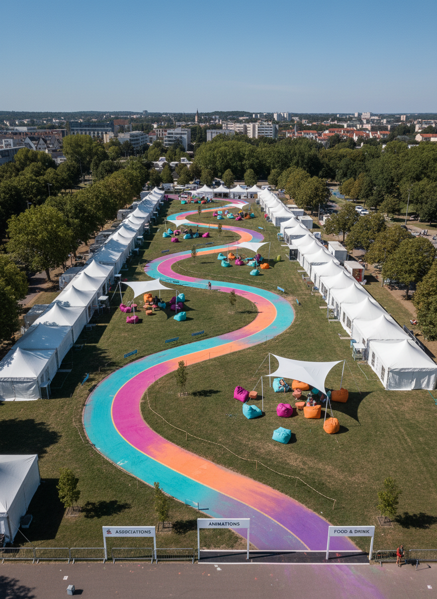 A wide overhead photographic shot of a winding 5 km course traced through a green urban park in Beauvais, the path clearly marked by bright color zones of powder—magenta, turquoise, orange, and violet—forming vivid bands along the route. Around the path, modular white tents for associations, animations, and food service form a structured event village, with relaxed lounge areas created by beanbags and shade sails. Soft midday light under a clear sky gives crisp, saturated colors and minimal shadows. The composition emphasizes the full course layout and village organization, with a clean, modern, dynamic event identity suitable for an event website hero image.