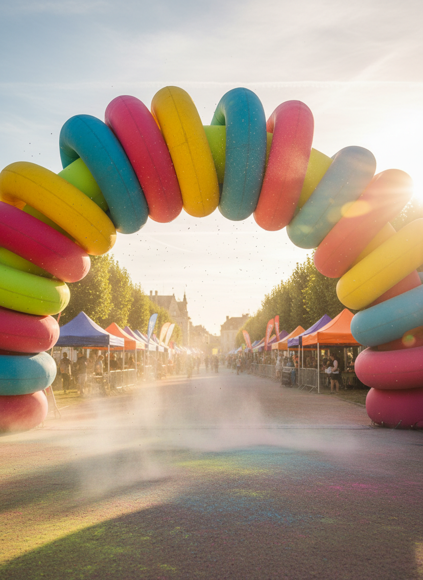 Photographic realism of a vibrant color run archway made of inflatable, overlapping rings in electric pink, cyan, yellow, and lime, set at the entrance of a wide park path in Beauvais. The ground is dusted with multicolored powder, forming soft clouds near the arch. Food and activity stands with bold canopies line the blurred background, suggesting a festive village without showing people. Captured at golden hour with warm sunlight streaming from the side, illuminating tiny particles of color in the air. Shot from a slightly low, wide-angle perspective for a bold, dynamic feel, with sharp focus on the arch and a vivid, energetic, professional event atmosphere.