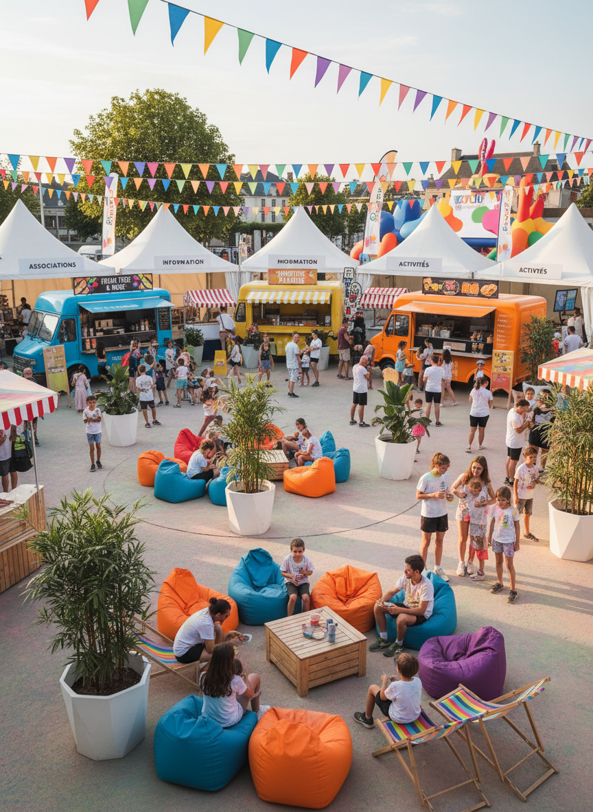 Photographic scene of the Beauvais Color Run village: a central plaza with a ring of modern white tents hosting associations, information, and activities, interspersed with colorful food trucks and stands offering refreshments. Low wooden platforms with bright beanbags and deck chairs create relaxation zones beside geometric planters and playful inflatable décor. Overhead, strings of flags in rainbow hues cross the space. Captured in warm, diffused late-afternoon light with soft shadows, the composition uses a slightly elevated angle and rule-of-thirds framing to showcase the variety of spaces. The mood is family-friendly, inclusive, lively, and organized, with a strong event-brand feel and vivid colors dominating the scene.